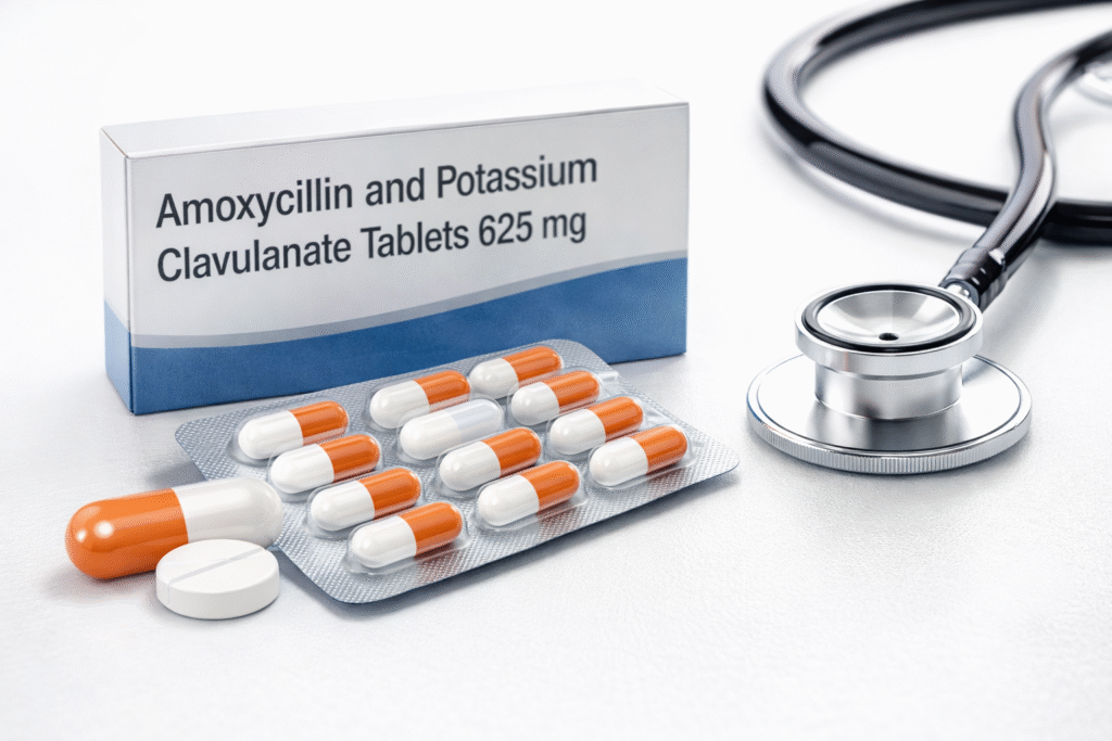 Alt="Amoxycillin 500mg and Potassium Clavulanate 125mg tablet strip with stethoscope"